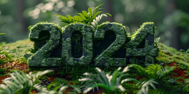 text 2024 green recycling and save our planet and earth environment, 2024 text stone forest with moss
