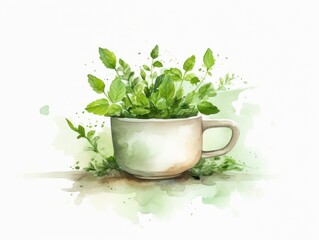 Vibrant Watercolor Illustration of Lush Green Plants Growing in a Coffee Cup. Concept of sustainability and caring for nature.