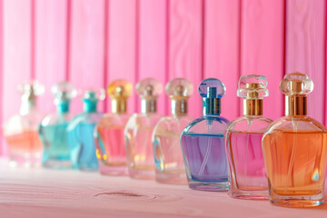 Different bottles of colorful perfume bottles on wooden background
