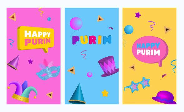 Happy Purim, Jewish holiday celebration Greeting Cards. Masquerade Carnival masks, hats, 3d elements on colorful background. Vector illustration.