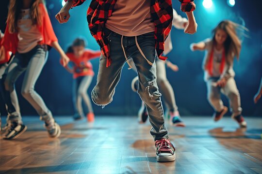Happy children in stylish clothes dancing in choreography class