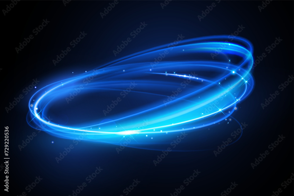 Aufkleber Vector neon light circle in motion. Glowing blue ring trace. Glitter magic sparkle swirl trail effect on black background. Bokeh glitter round wave line with flying sparkling flash lights