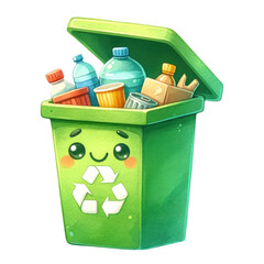 Watercolor cute green recycle bin with garbage. World nature conservation. Earth day concept.