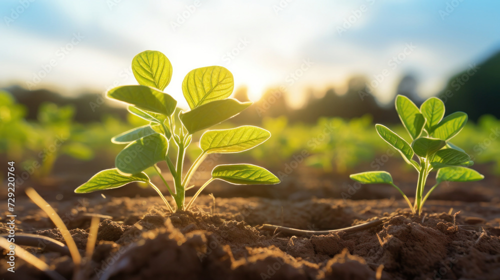 Poster Growing soy, Young soy in field.