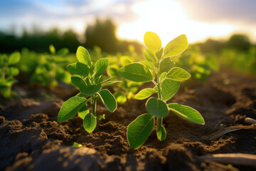 Growing soy, Young soy in field.