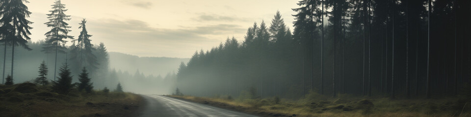 Mysterious Early Morning Drive Through a Foggy Forest Road. Banner.