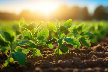 Growing soy, Young soy in field.