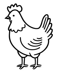 A simplistic black and white line drawing of a chicken against a transparent white background - side-view profile angle