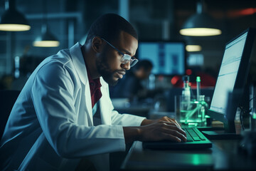African American scientist using computer while working on new research in laboratory - obrazy, fototapety, plakaty