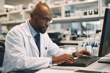 Obraz premium African American scientist using computer while working on new research in laboratory