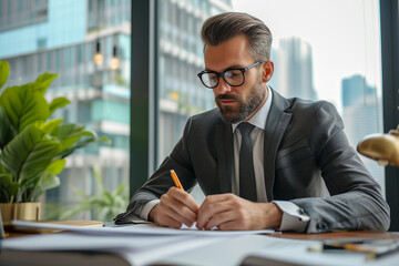 Focused Male Executive in Urban Office: Professional Businessman Analyzing and Note-taking for Corporate Success