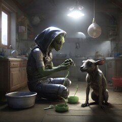 alien taking care of his pet in his apartment in aria 51 - obrazy, fototapety, plakaty