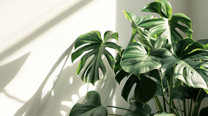 A Green Plant in a White Room Casting a Long Shadow on the Wall