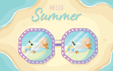 Hello summer background with sunglasses on sea beach. Bright summer banner for beach resort holiday. Sunglasses on the sand, bright summer background