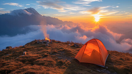 Camping tent of a hiker at beautiful Himalaya area in the misty morning sunrise.	