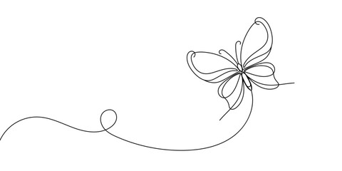 Butterfly in One continuous line drawing. Beautiful flying for wellbeing beauty or spa salon logo, concept in simple linear style. Editable stroke. Doodle vector illustration