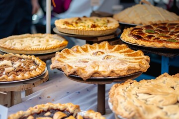 stand with various types of homemade pies on display