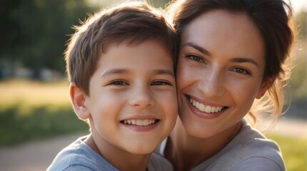 portrait of a mother and her son smiling happily