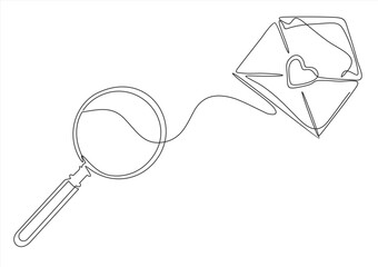 envelope, magnifying glass, isolated on background. Concept for reading email, message, sms, scanning, inspecting, checking, Continuous one line. 