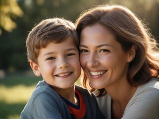 mother and child in park. portrait of a mother and her son smiling happily