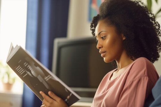 woman reading a tv manual with puzzled expression