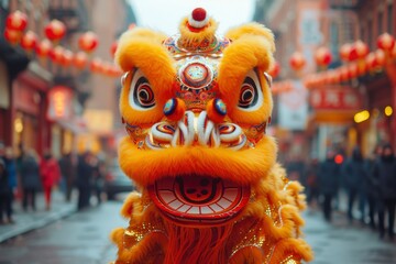 Photo of a lion dance in the street