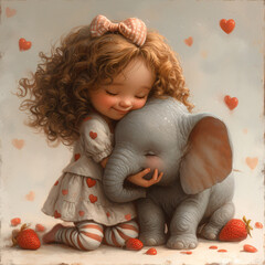 Cute girl with curly hair with a shiny bow, in a menthol T-shirt with strawberries, skirt with pockets, striped tights and shoes with clasps, hugging a big Cute Elephant
 - obrazy, fototapety, plakaty