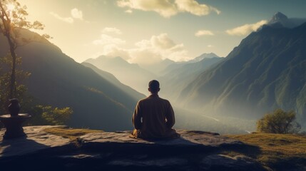 A yogi in a meditative pose, finding solace and rejuvenation amidst the tranquil mountain landscape. Generative AI