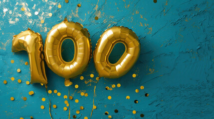 Gold Balloons and Streamers With the Number 100 - Celebrating a Milestone
