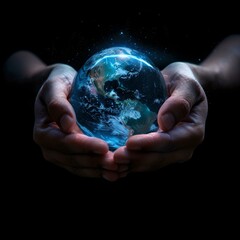 Hands cradling a glowing earth, symbolizing care and protection. environmental concept, detailed close-up, dark background. ideal for earth day themes. AI