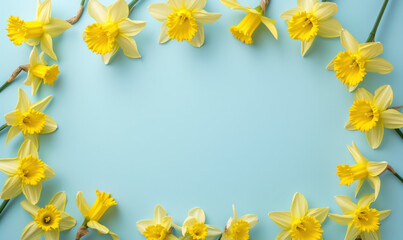 Naklejka na ściany i meble Yellow Daffodils Arranged in Circle on Blue Background