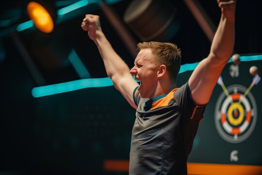 handsome player celebrating a successful bullseye hit