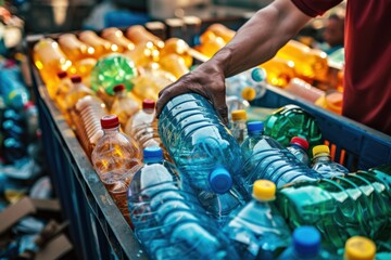 Worker sorting plastic bottles at recycling facility, holding clear bottle with blue cap, different sizes and colors - obrazy, fototapety, plakaty