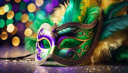 Colorful Mardi Gras masquerade mask with feathers, dark bokeh. Venetian festival. Carnival disguise. - obrazy, fototapety, plakaty