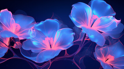 Group of Blue Neon Flowers With Pink Petals. Background, wallpaper.