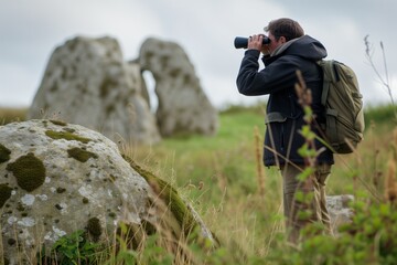 birdwatcher with binoculars near dolmen