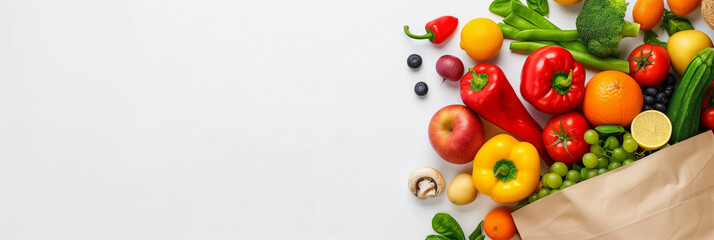 Background of nutritious food delivery, Vegetarian food in paper on white backdrop, with space for text, banner background