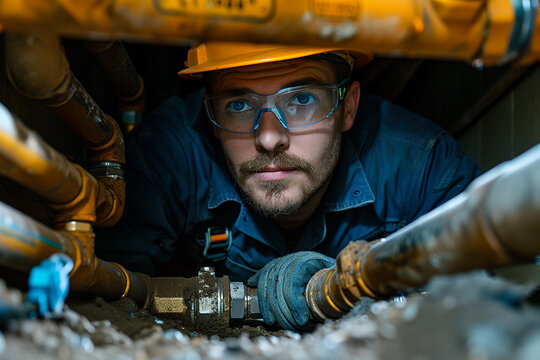 Professional Plumber Performing Underground Pipe Repair in Urban Environment with Safety Helmet and Goggles - Skilled Trades Plumbing Service