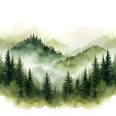 Serene watercolor painting of mist-covered pine trees in a forest landscape.