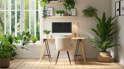 Bright Modern Home Office with Plants and Natural Light.