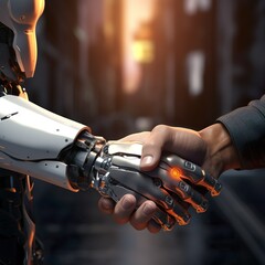 Ein Roboterhand begrüßt eine menschliche Hand - obrazy, fototapety, plakaty