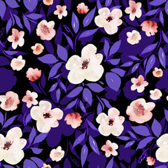 Watercolor Painted Flowers Decorative seamless pattern. Repeating background. Tileable wallpaper print.
