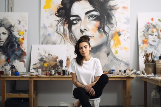 female artist woking in her modern art studio creating paintings