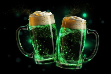 cheers of two pints of beer with green magic swirl of glitter - St Patricks day irish national celebration