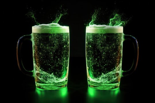 cheers of two pints of beer with green magic swirl of glitter - St Patricks day irish national celebration