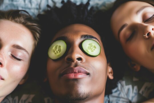 friends with cucumber slices on eyes relaxing
