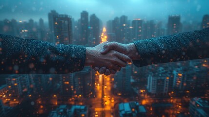 Obraz premium A conceptual photograph of a handshake between two business professionals against the backdrop of a city skyline, signifying partnership, negotiation, and the closing of deals in the corporate world