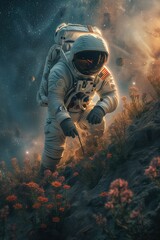 A conceptual photo of an astronaut planting a flag on a newly discovered exoplanet, representing human ambition and the desire to expand beyond Earth's boundaries - obrazy, fototapety, plakaty