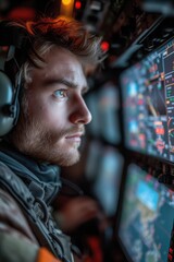 drone operator controlling an unmanned aerial vehicle from a remote location, their eyes focused on a screen displaying real-time reconnaissance footage, illustrating the evolution of aerial warfare
