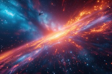 A dramatic shot of a spacecraft traveling through a colorful nebula, with stars streaking past in a blur, illustrating the excitement and adventure of interstellar travel - obrazy, fototapety, plakaty